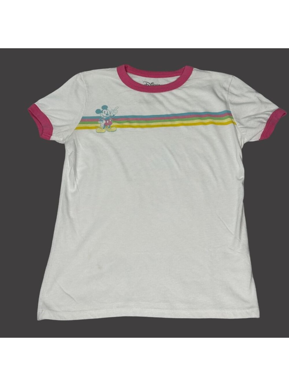 Disney Store Girl's Ringer T-Shirt Pink Trim Rainbow Stripe Short Sleeve